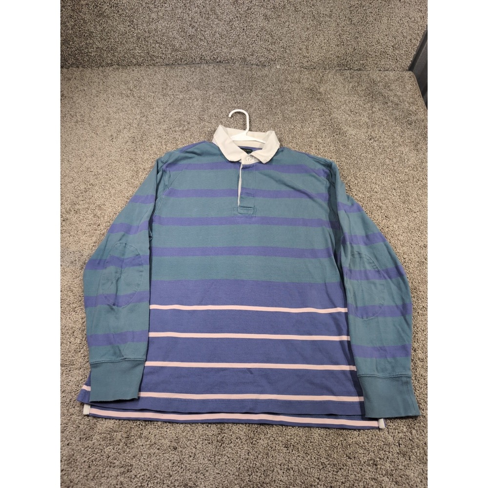 J Crew Always Mens Rugby Shirt Long Sleeve Blue Purple Stripe Elbow Patch Size L